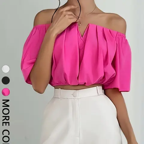1 Piece Minimal Off Shoulder Straight Neck Puff Short Sleeve Bust Press Pleats Elastic Waist Cropped Midriff Inner Top Blouses