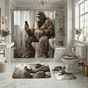 Funny Bigfoot Toilet Selfie Shower Curtain Set – Soft Thick Fabric with Hilarious Sasquatch Sitting on Toilet Holding Phone, Extra Plush Bath Mats for Comfy Bathroom Fun, Humorous Prank Decor for Adult Spaces