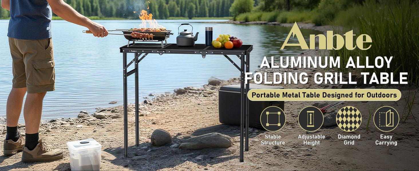 Anbte 3ft Tri-fold Grill Table, 2 Adjustable Heights Max 29.5" Sturdy Metal Grill Table with Storage Bag, Heat-Resistant Tabletop, Portable Handle for Cooking BBQ Outdoor Travel, 35" x 16", Black