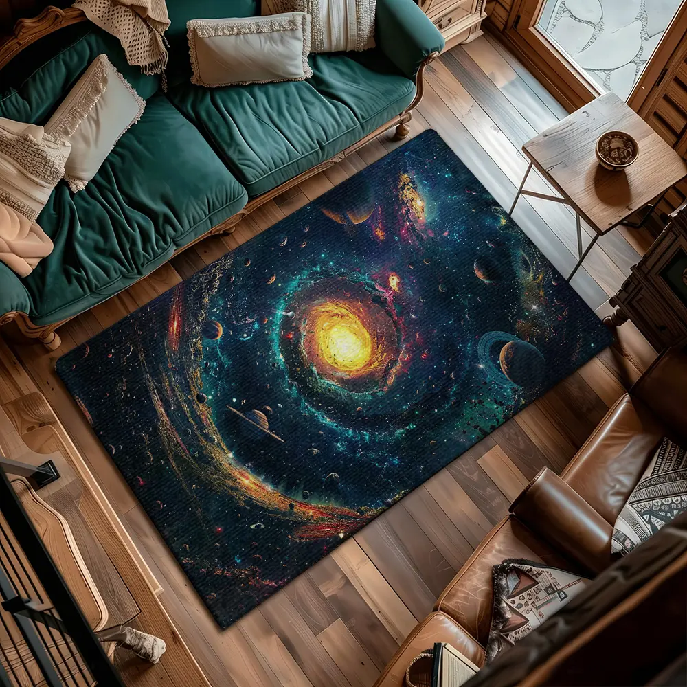 Colorful Galaxy Space Planet Art Flannel Bedroom Rug #CosmicGalaxyPrintRug #NebulaPlanetArtMat #FlannelCarpet #SpaceThemedRoomDecor