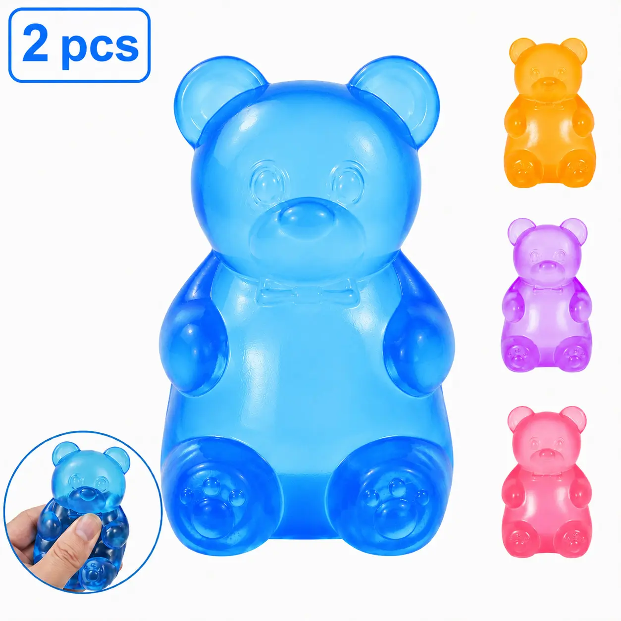 2 PCs Gummy Bear Taba Squishy Toy, Sugar Filled Slow Rising Stress Relief Squeeze Bear, Ultra Soft Sensory Fidget Toy for Anxiety Relief, Stretchy Jelly Desk Toy for Adults, Teens, Cute Squishy Gift for Home, Office and Classroom