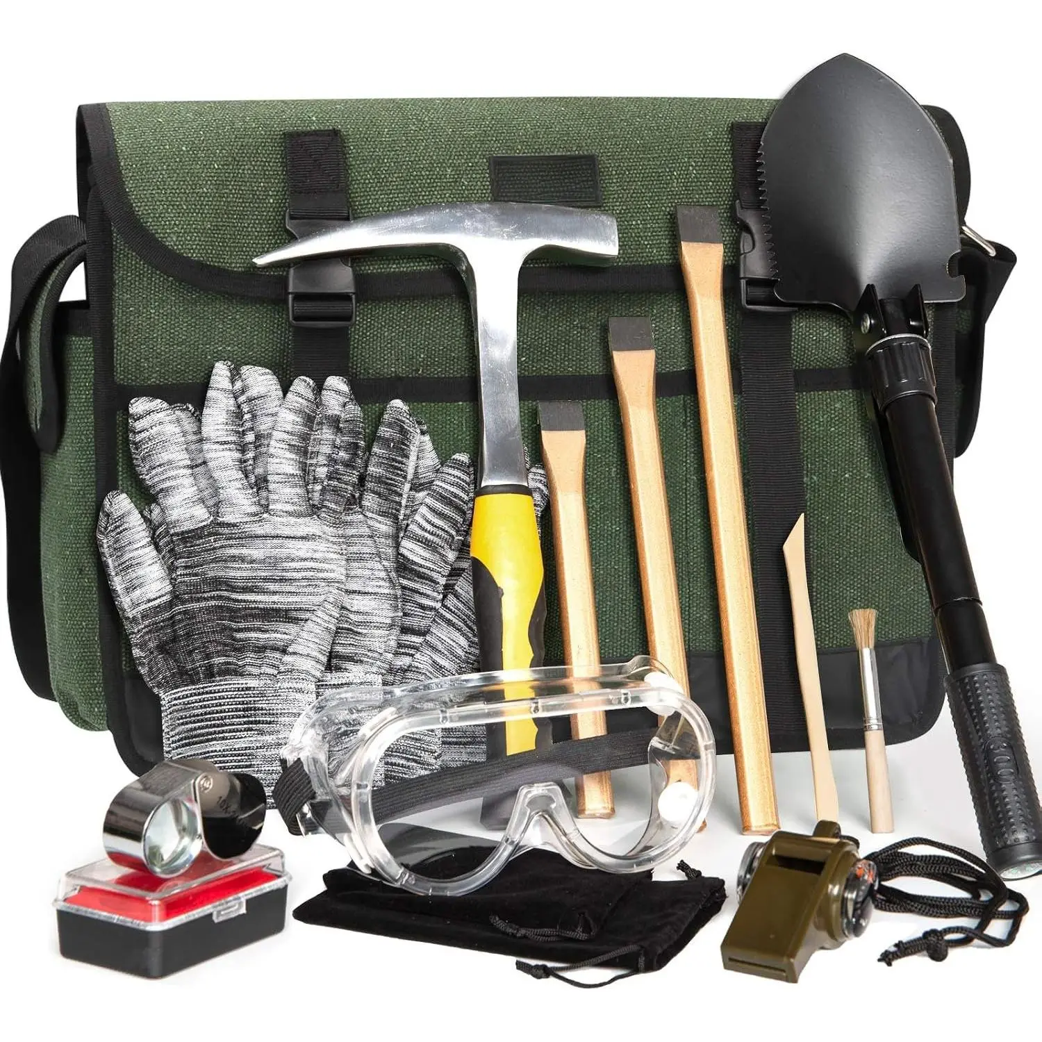 15 count Geology Rock Pick Hammer Kit, Rock Hounding Equipment | 32oz Hammer,Gear Shovel,Musette Bag,Compass,Wooden Chisel,3PCS Digging Chisels Set for Rock Hounding, Mining,Prospecting