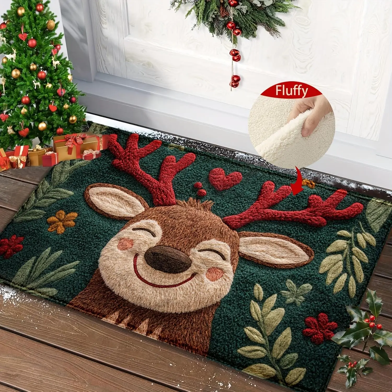 Fluffy Christmas Deer Microfiber Bath Mat, Quick-Dry & Absorbent, Festive Holiday Design, Berries & Leaves, Soft Absorbent Mat for Bathroom, Cozy Bath Mat