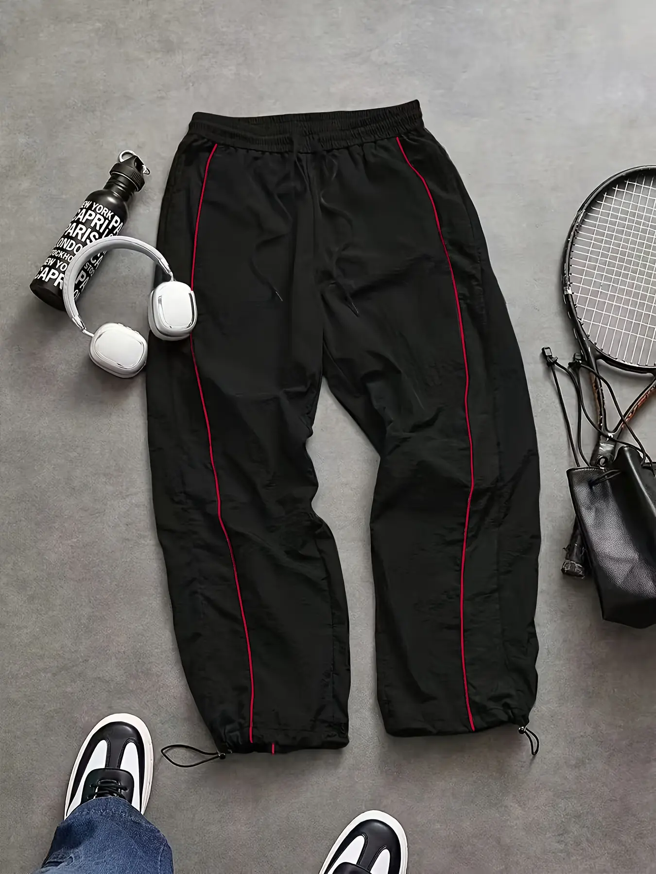 Men's Striped Parachute Pants, Drawstring Wide Leg Sports Pants, Lightweight Nylon Jogging Pants, Y2K Street Style Loose Workwear, Casual Sport Pants