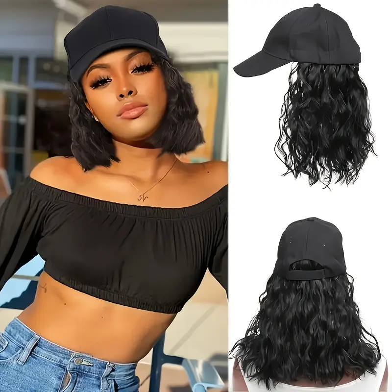 12 Inch Black Wavy Bob Baseball Cap Wig for Women, Attached Hat Synthetic Loose Wave Bob Wig, Heat Resistant Hair Hat Wig No Need Styling for Daily Office Work, Daily Travel, Sports & Outdoor Daily Wear