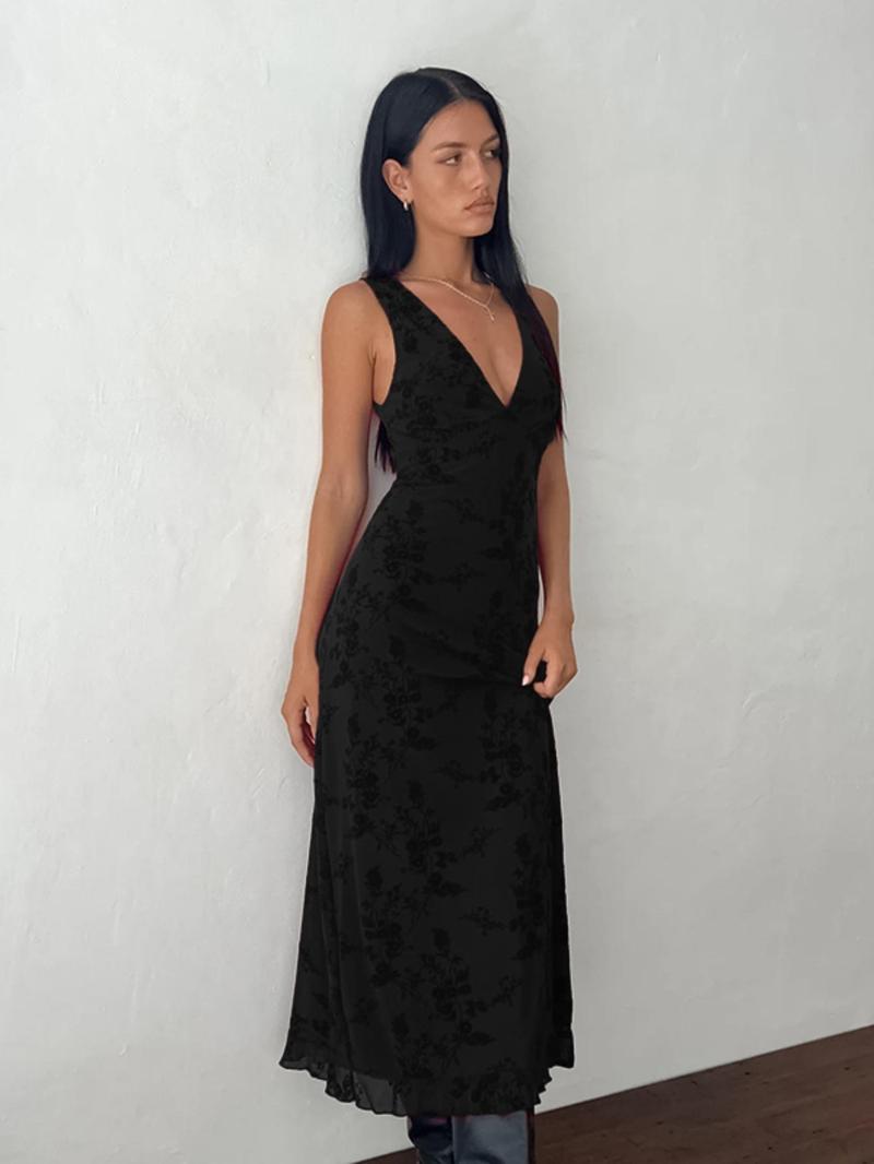 Women's Floral Print Deep V Neck A Line Dress, Elegant Sleeveless Plunge Neck Bodycon Long Dress, Ladies Summer Clothes for Party Holiday Wedding Guest, Summer Dresses