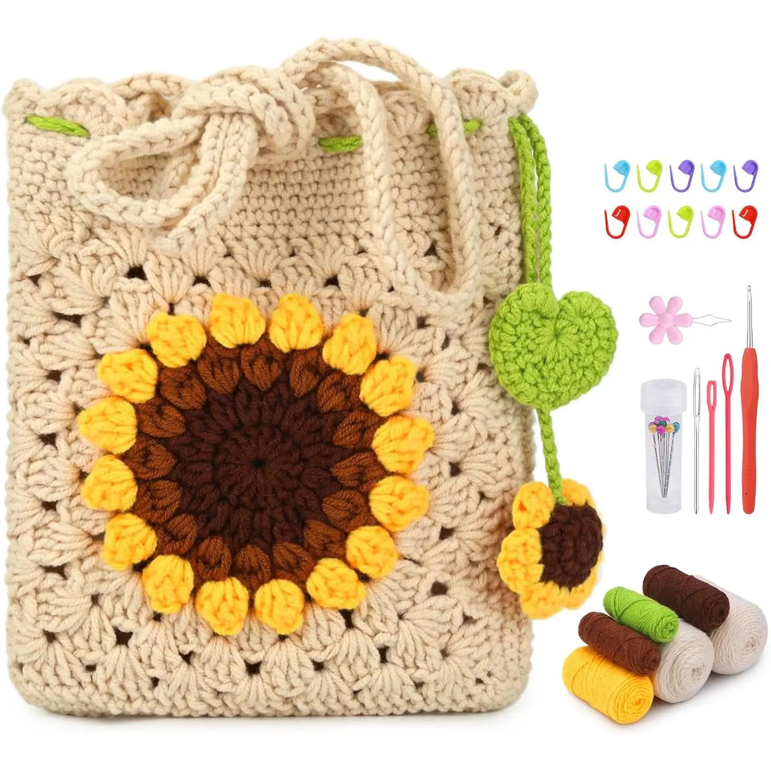 Crochet Kit-Bag for Beginners, DIY Crochet Flower Bag Starters Craft Kniting Kits for Adults Include Crochet Yarn Hook Tools Supplies and Easy Step-by-Step Video Tutorials (Beige)