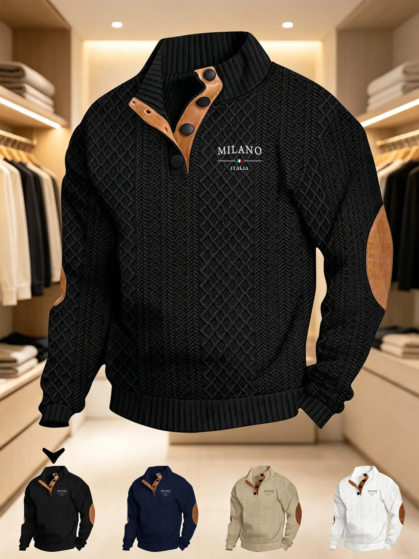 Men's Bestselling Knit Polo Shirt, Vintage Houndstooth Jacquard Milan Print, Open Collar Casual Pullover, Ideal Christmas Gift