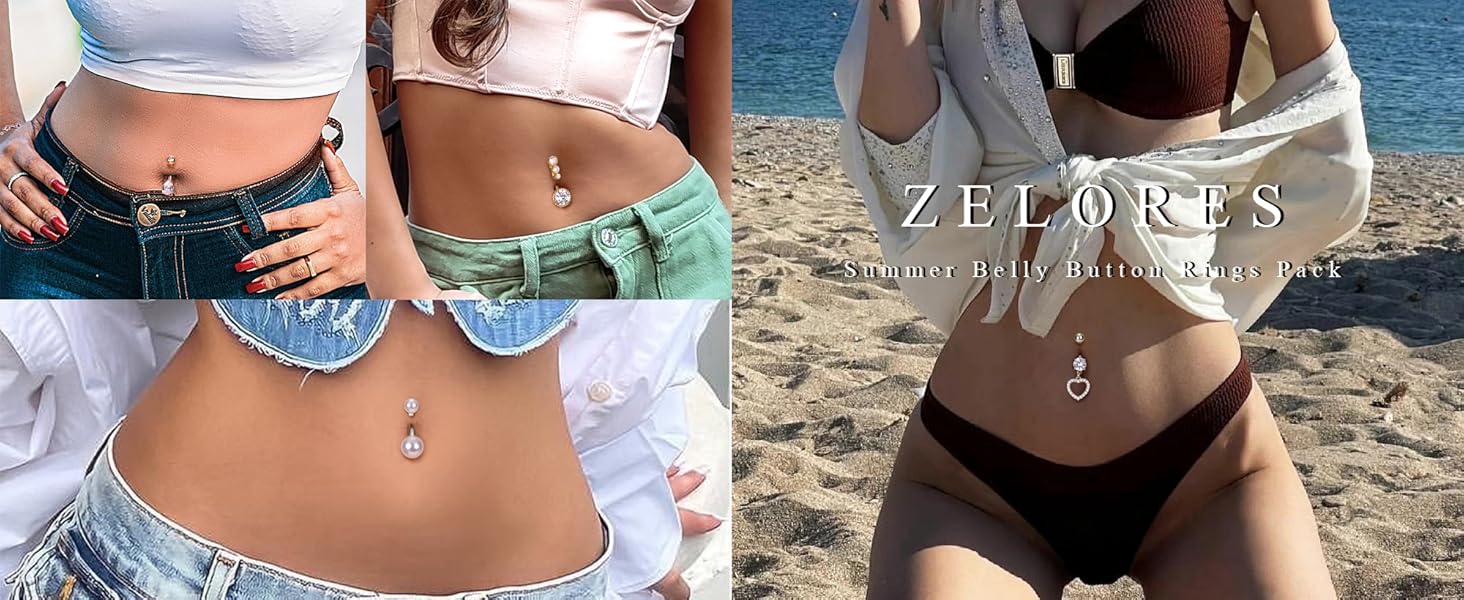 ZELORES 9PCS Surgical Stainless Steel Hypoallergenic Belly Button Rings with Extra Replacement Balls, Trendy Dangle Belly Button Piercing Jewelry for Women, 14G - Silver/Gold/Rose Gold