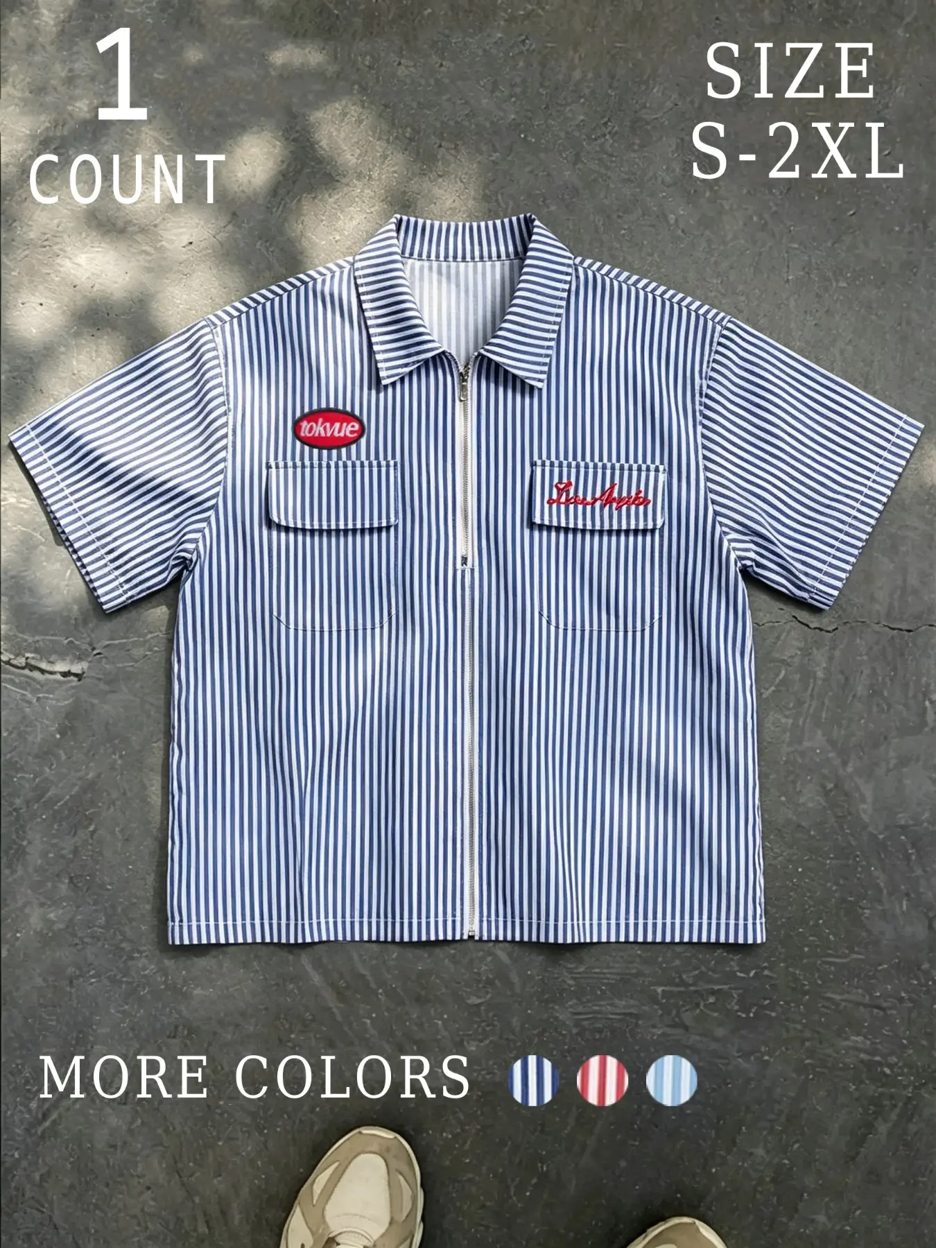 Men Striped Zip‑Up Short Sleeve Shirt, Vintage Lapel Cropped Work Top With Embroidered Patch & Dual Pockets, Loose Casual Retro Streetwear Blouse For Daily Wear, Skate, Party For Teen Boys And Young Men