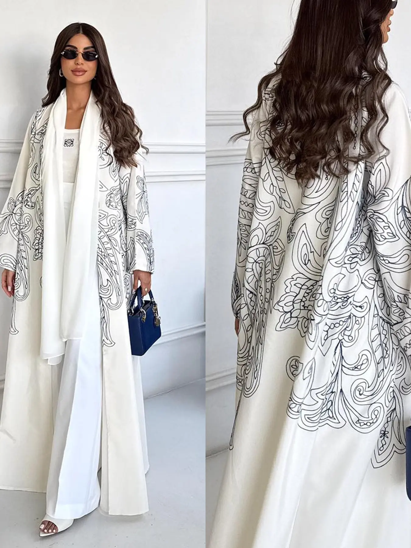 Women's Cream Color Abaya Cardigan with Matching Headscarf, Line Print Loose Long Robe, Elegant Muslim Style Long Coat