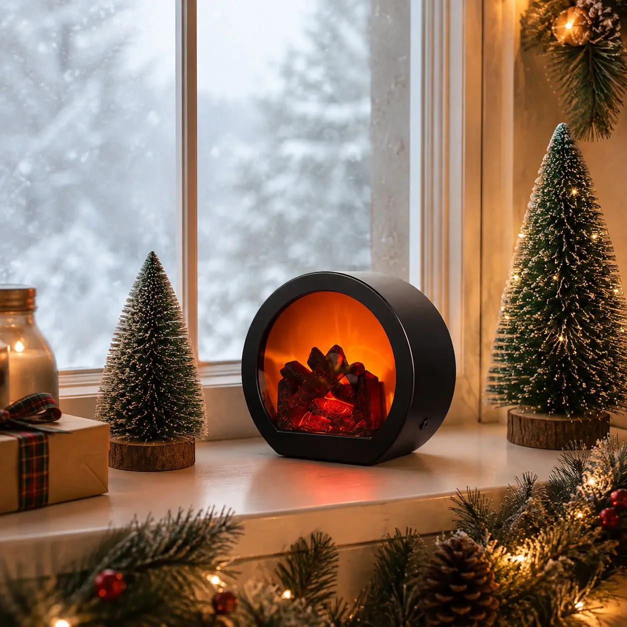Round LED Fireplace Lamp, Battery Operated Flameless Flame Effect Light, Christmas Tabletop Decor for Bedroom, Living Room, Office, Mantel and Holiday Gift, Requires 3 AA Batteries