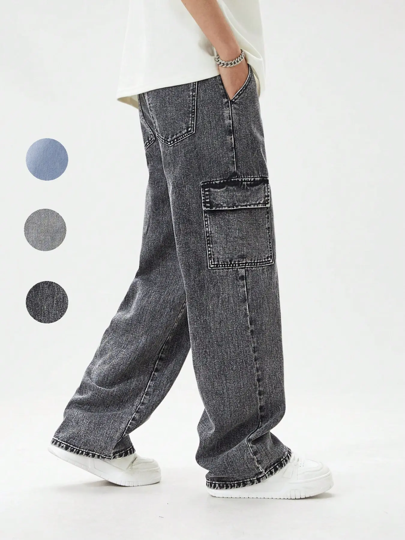 Teen Boy Loose Fit Straight Leg Workwear Dark Wash Fashion Jeans Denim, Loose Legged Pants, Vintage American Washed Button Closure, Elastic Waist, All Seasons