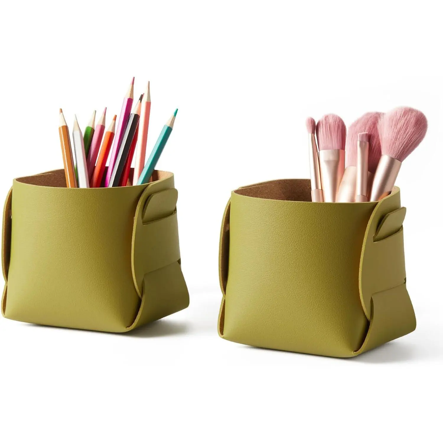 2-Pack Cork Leather Desk Accessories Storage - Pencil Pen Holder - Makeup Brush Holder Organizer - Stylish Addition to  Decor (Olive Green)