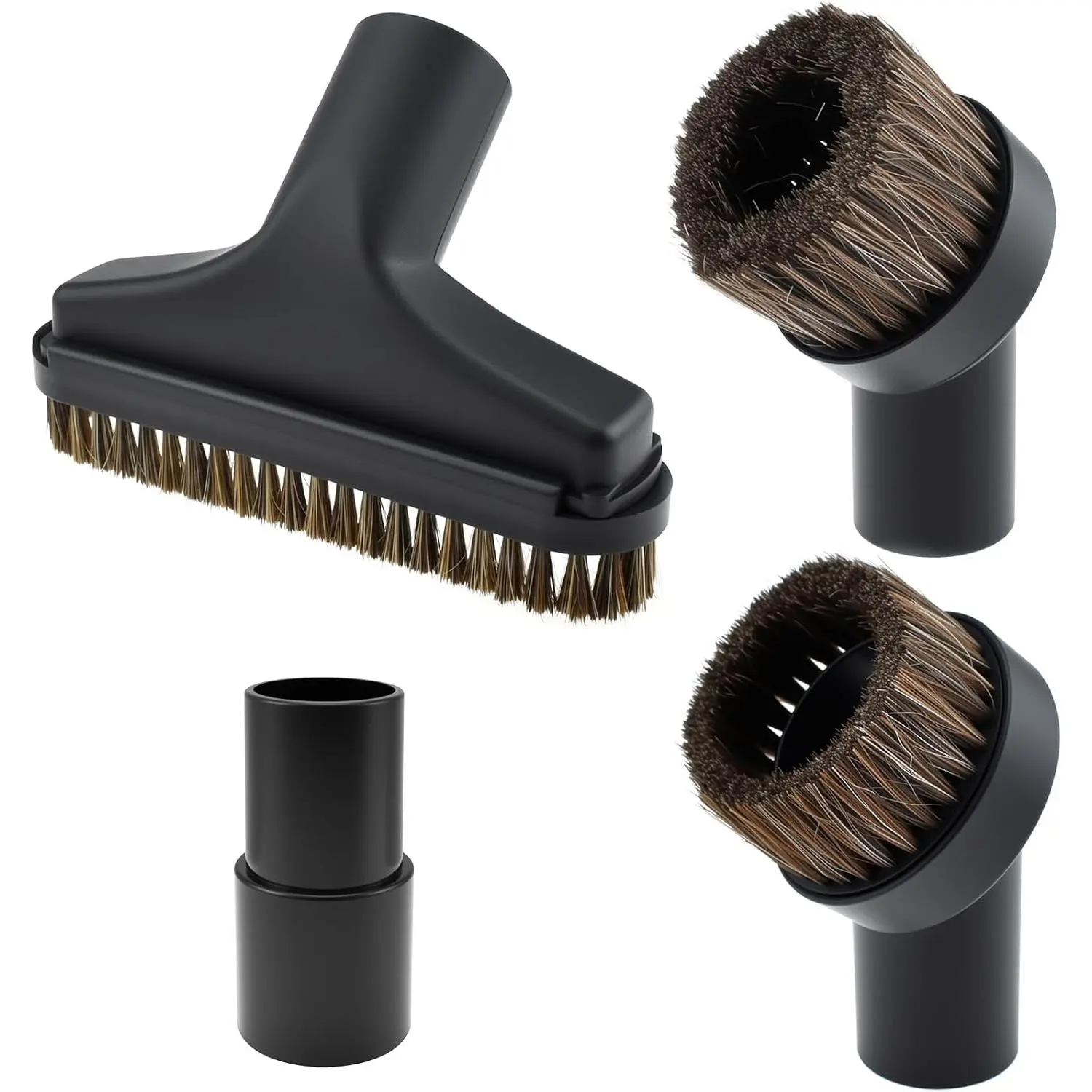 4-Pieces Vacuum Attachments Set - 5.9in Floor Brush, 1-1/4in to 1/8in Adapter, 25mm & 36mm PP Synthetic Round Brushes for Standard Hose, Easy Install Dust Removal Accessory
