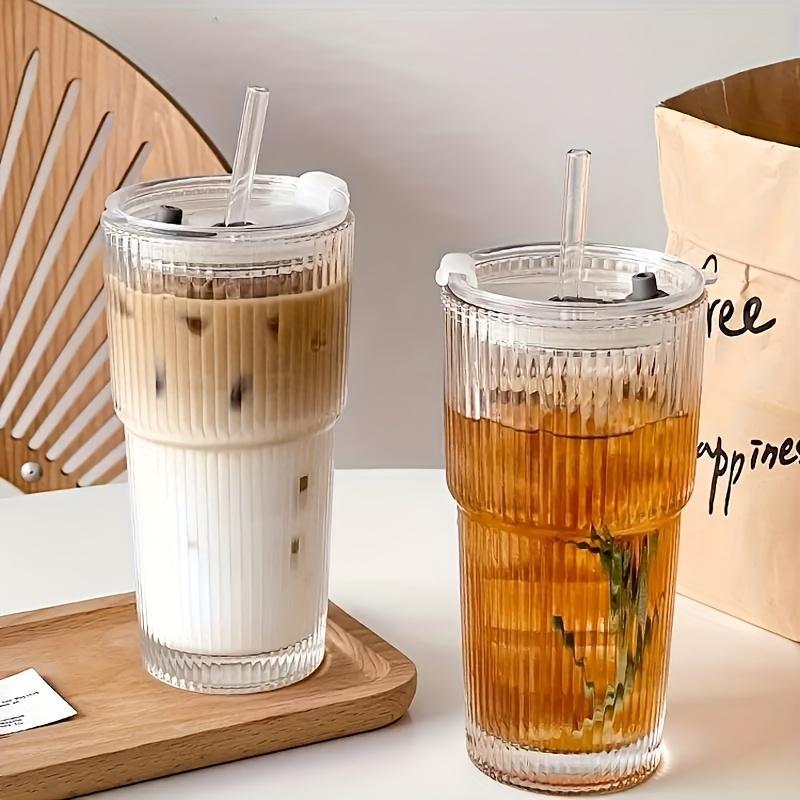 Large-Capacity Striped Glass Tumbler with Lid, Reusable Cold-Drink Cup for Juice or Coffee, Hand-Wash-Only Drinkware for Home, Office, Celebrations & Gift