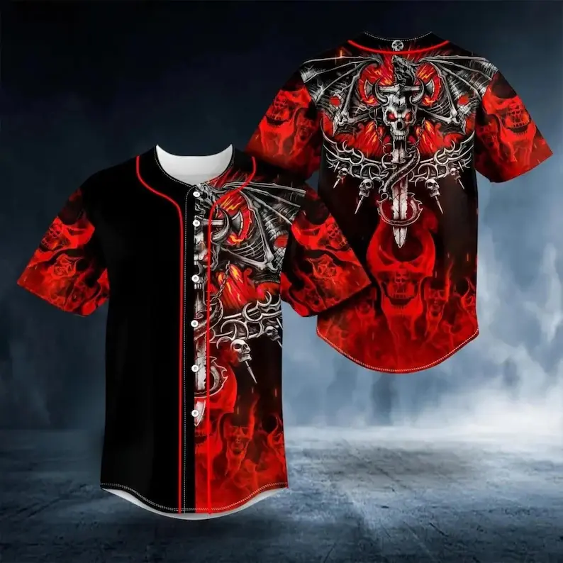 Gothic Demon Wing Skull Flame Print Baseball Jersey, Black Red Contrast Button Front Short Sleeve Shirt, Unisex Dark Streetwear Casual Top For Metal Lovers # TikTokMadeMeBuyIt # GothicBaseballJersey # SkullFlameShirt # DarkStreetwearTop