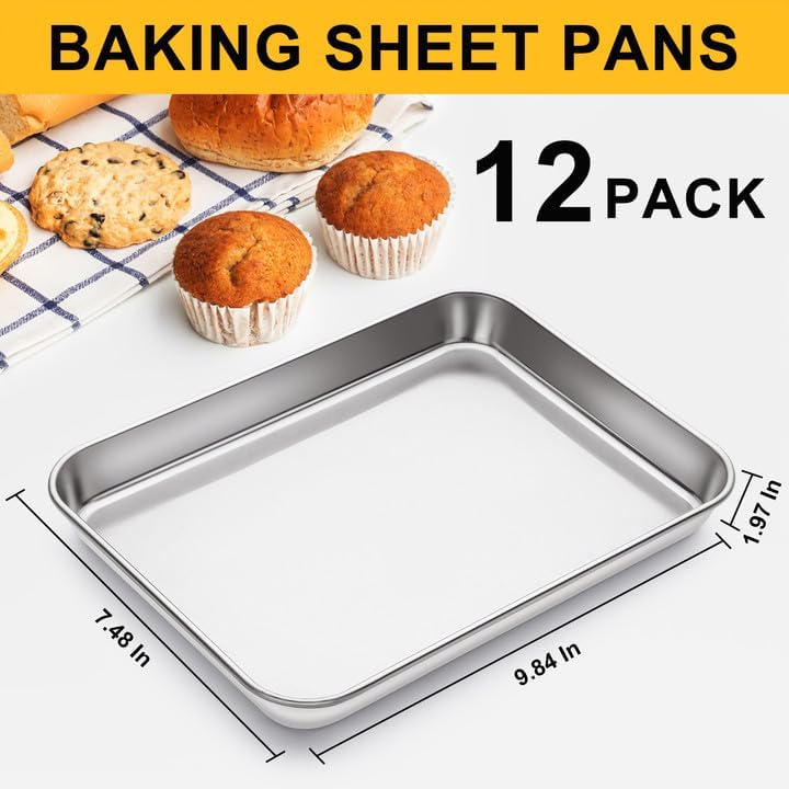 12 count Stainless Steel Baking Sheet Pan Set, Cookie Sheet Metal Baking Pan Oven Tray, Cooking Baking Sheet for Toaster Oven, Easy Clean, Dishwasher Safe, 9 x 7 x 1 Inch
