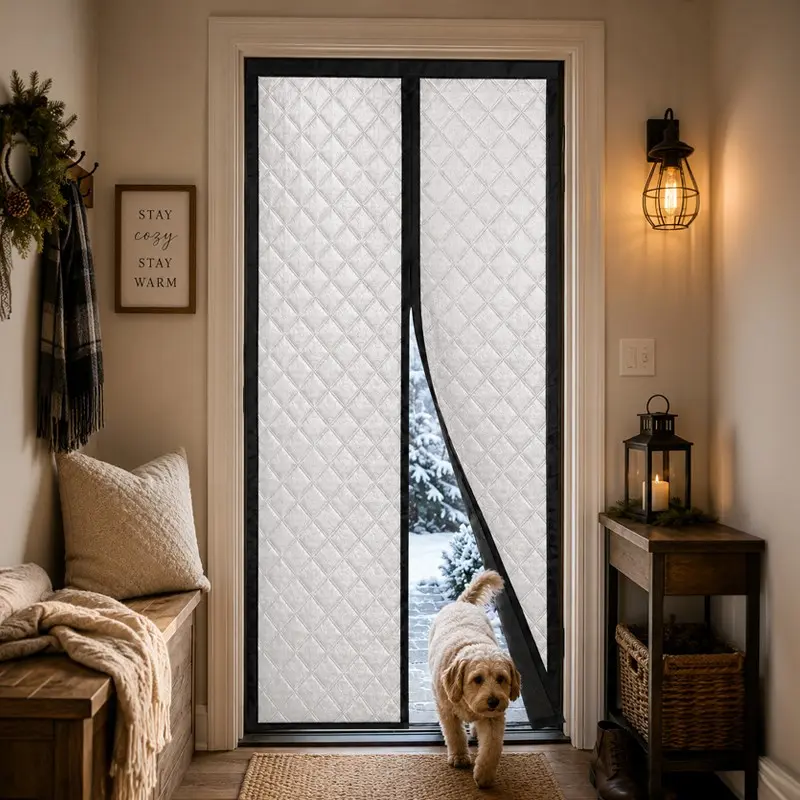 Thickened Magnetic Door Curtain for Winter, Self-Adhesive No-Drill Thermal Insulated Door Cover, Windproof Cold Blocking Blackout Curtain with Automatic Closing, for Bedroom, Kitchen, Balcony, Patio Door