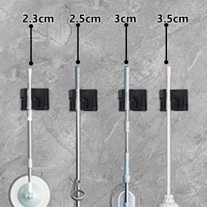Mop Broom Holder No Drill, Mop Broom Organizer Wall Mounted Heavy Duty with Hooks Hanger, Self Adhesive Stainless Steel 4Pcs for Bathroom, Kitchen, Office (Black)