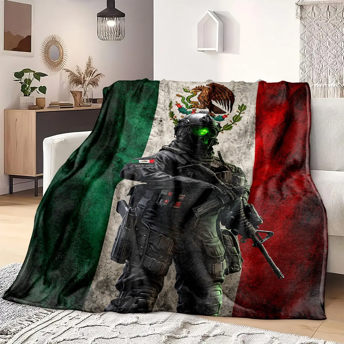 1PC Mexico Flag Tactical Soldier Skull Mask Flannel Fleece Throw Blanket, Multi Purpose Blanket, Military Style, Glowing Skull Goggles, Mexican Flag Emblem, Vintage Background Print, Soft Warm Blanket for Sofa Bed Office Camping, Military Fan Holiday Gift