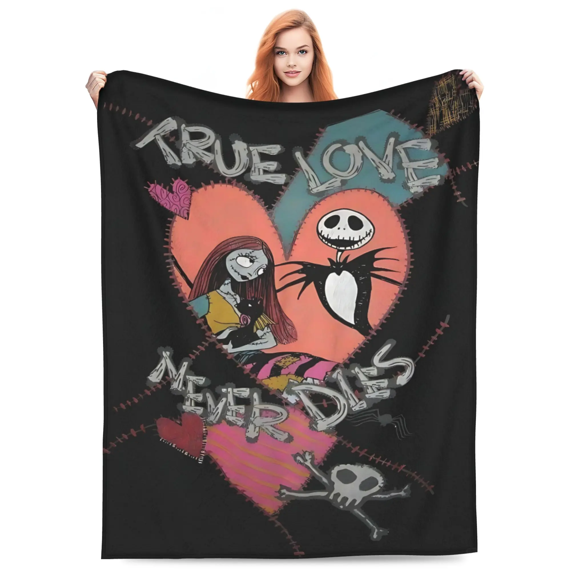 Disney Classic The Nightmare Before Christmas Jack & Sally Flannel Throw Blanket, True Love Never Dies Stitched Heart Skull Gothic Print Soft Cozy Blanket for Sofa Bed Halloween Fans Gift