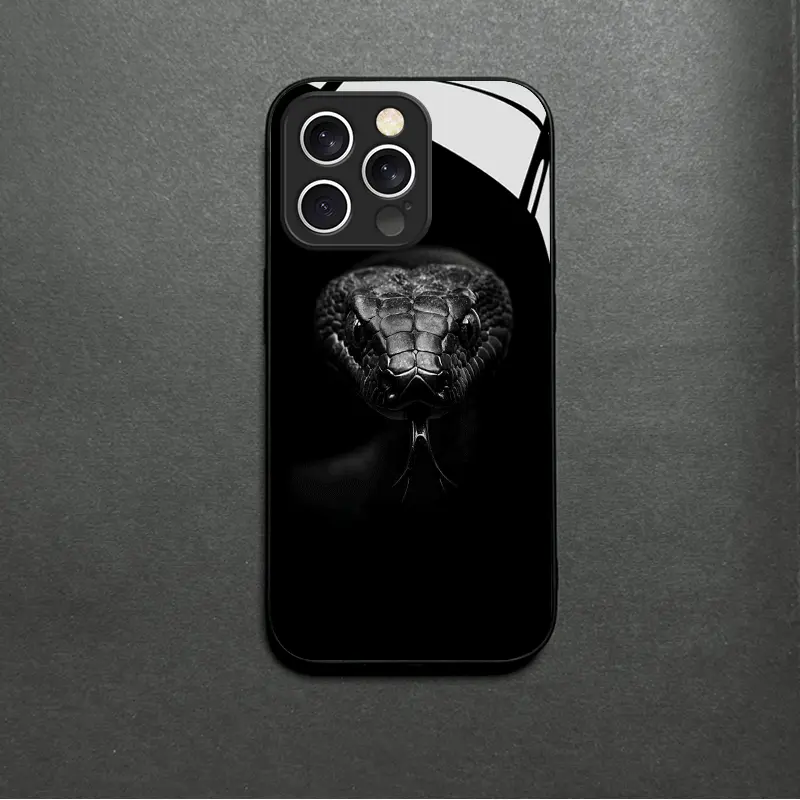 Tempered Glass Smartphone Casing - Creative, Elegant Spitting Black Snake Design, Compatible with iPhone 17 Air, 16, 15 Pro Max, 14 Plus, 13, 12, 11 for Handheld Cellphone Devices