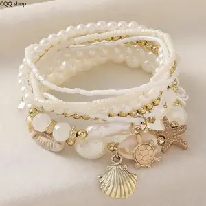 Women's Boho Shell & Starfish Bracelet Set, Exquisite Trendy Bracelet, Artificial Pearl Party Vacation Jewelry, Beach Style Handmade Accessories, Faux Pearl
