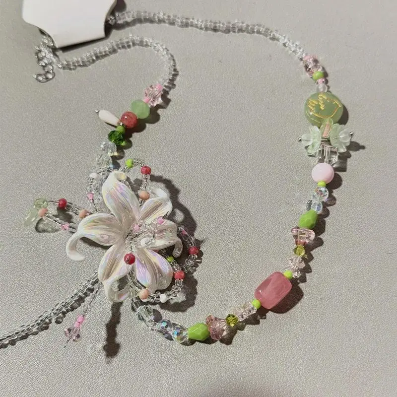 Korean Handmade Bead Flower Necklace Sweet Fairy Aesthetic Jewelry for Girls