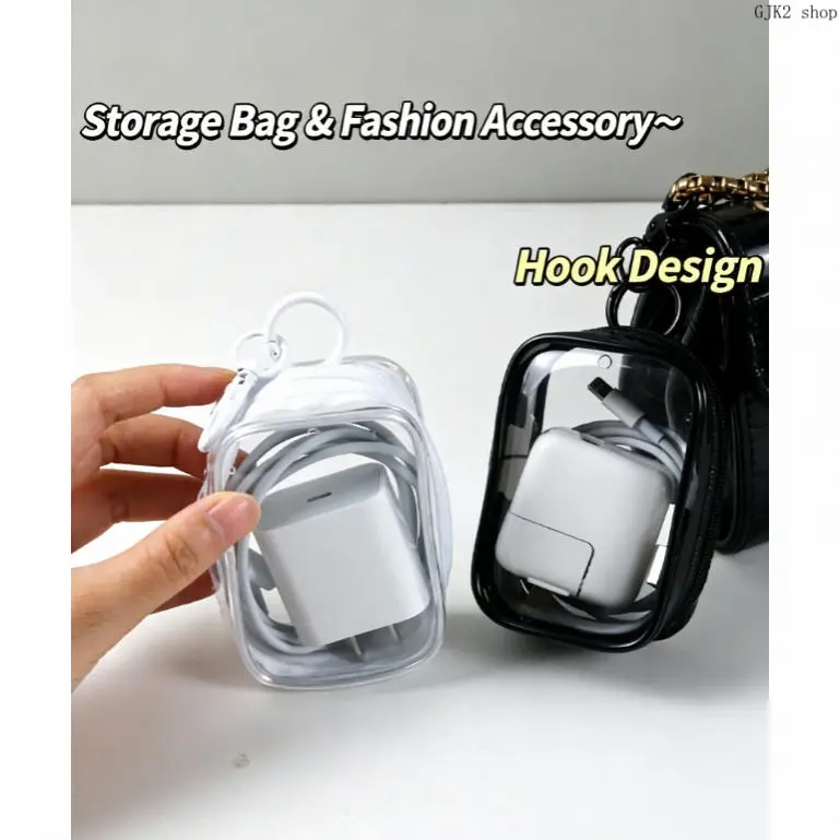 Transparent Mini Storage Case, Portable Earphone Charger Cable Organizer Pouch with Hook