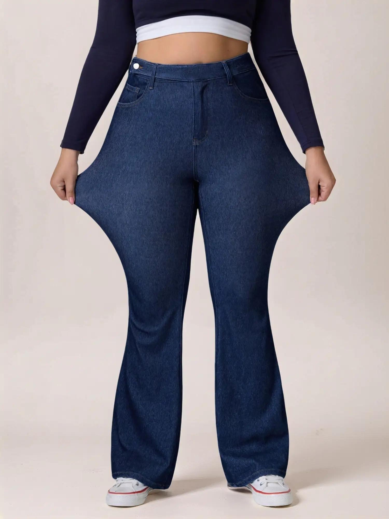 【Plus Size】 Solid Color Flare Leg Jeans, Casual Comfy Denim Jeans for Daily Wear, Women's Bottoms for All Seasons