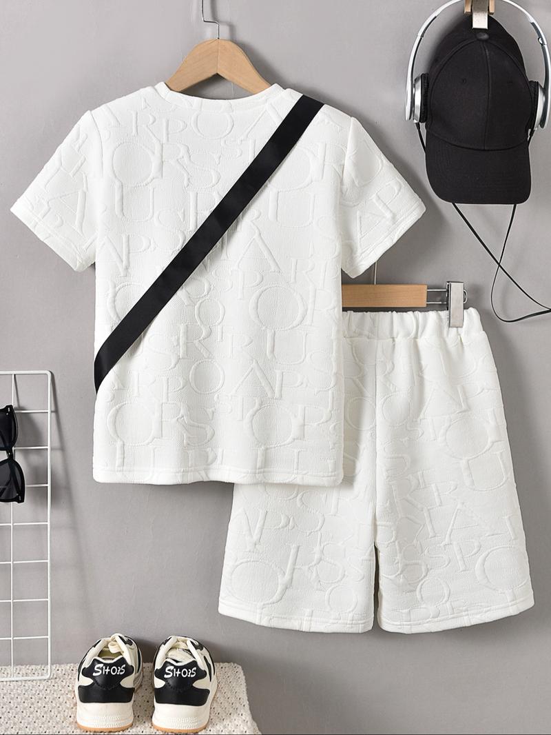 Three-piece Set Boy's Letter Pattern Co-ord Set, Casual Short Sleeve T-shirt & Shorts & Crossbody Bag, Summer Clothes for Kids