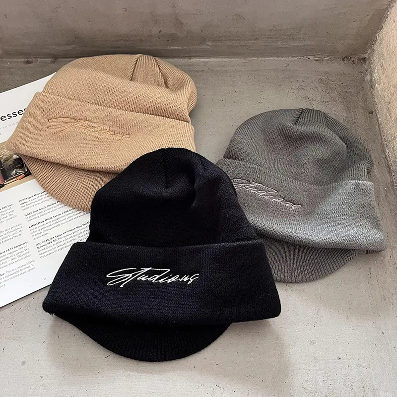 Studious Embroidered Beanie Hat, Warm Unisex Soft Cotton Ribbed Knit Skull Cap for Casual Daily Streetwear, Ribbed Knit Cap