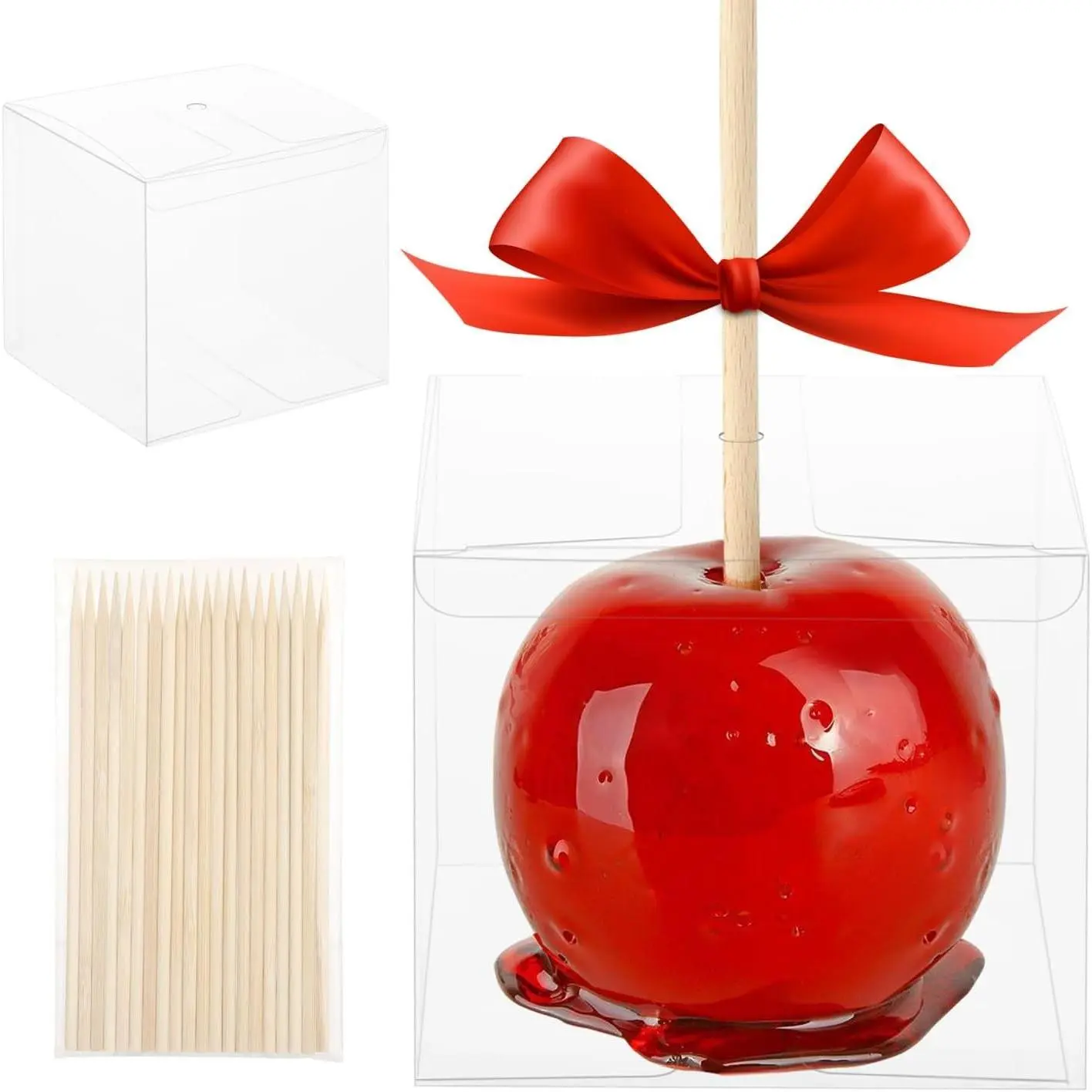 20 Pack Clear Candy Apple Gift Boxes with Sticks, 4x4x4 Inch Plastic Containers for Caramel Apples Cake Pops Cookies Chocolates, Party Favors, Holiday Treats, Homemade Desserts