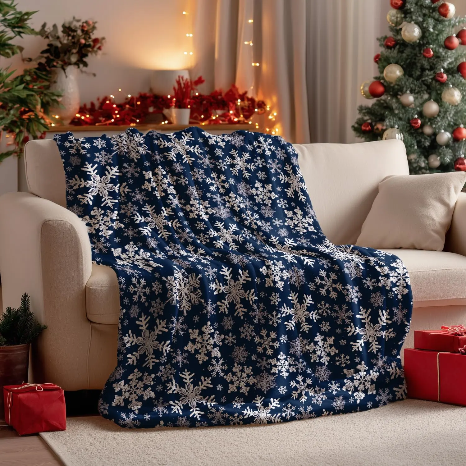 Christmas Navy Blue Snowflake Flannel Throw Blanket 60x80| All Season Using Soft Fuzzy Plush Cozy Non-shedding Blanket for Couch Sofa Bed Camping, Gift for Kids Adults
