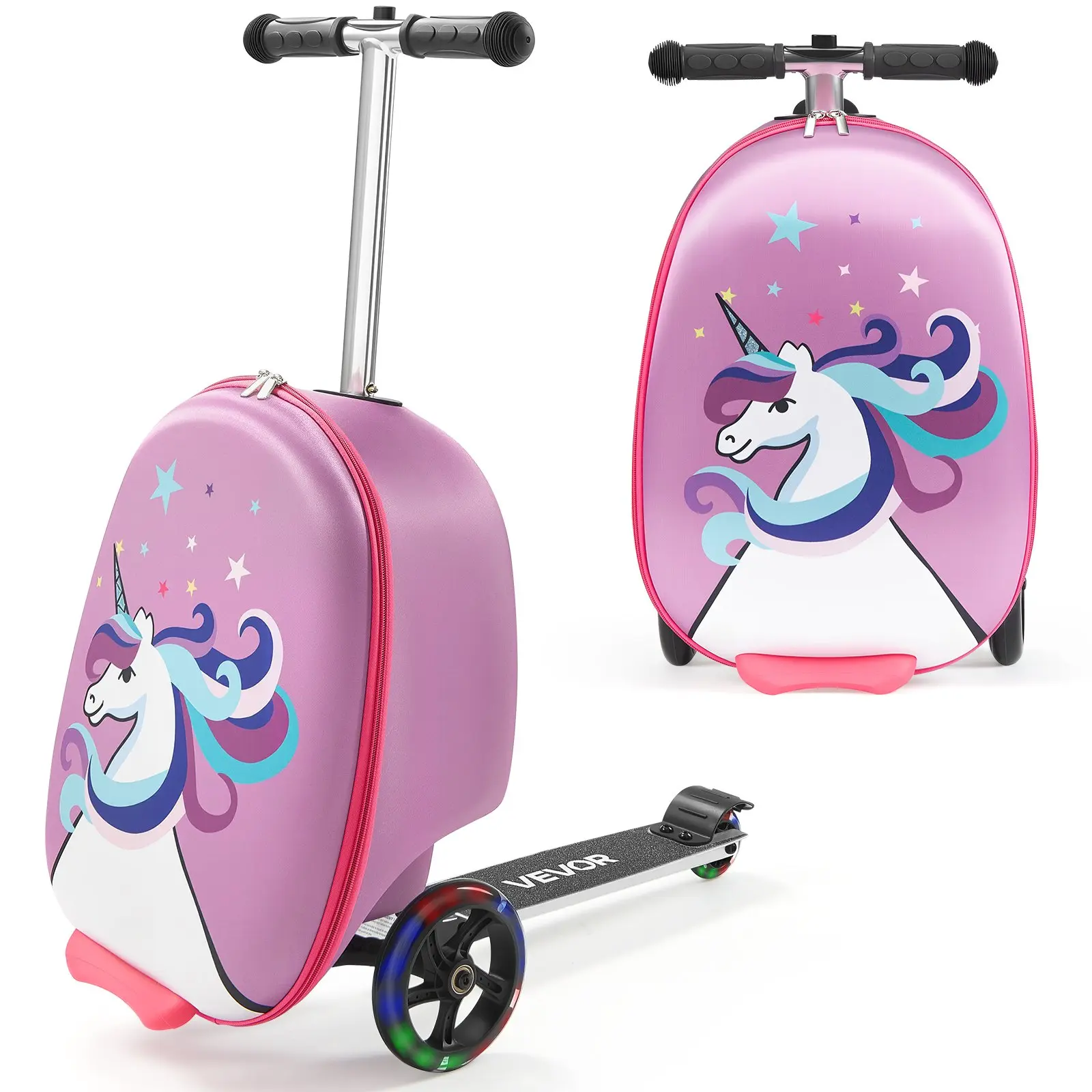 【Summerfinds】VEVOR Unisex 2-in-1 20in EVA Shell Travel Luggage, 20L 210D Polyester Kids Scooter Suitcase with Flash PU Front Double Wheels, X-Straps, Telescopic Adjustable Handle, TPR Non-Slip Grip, Zip, Foldable Lightweight Scratchproof All-Seasons for A