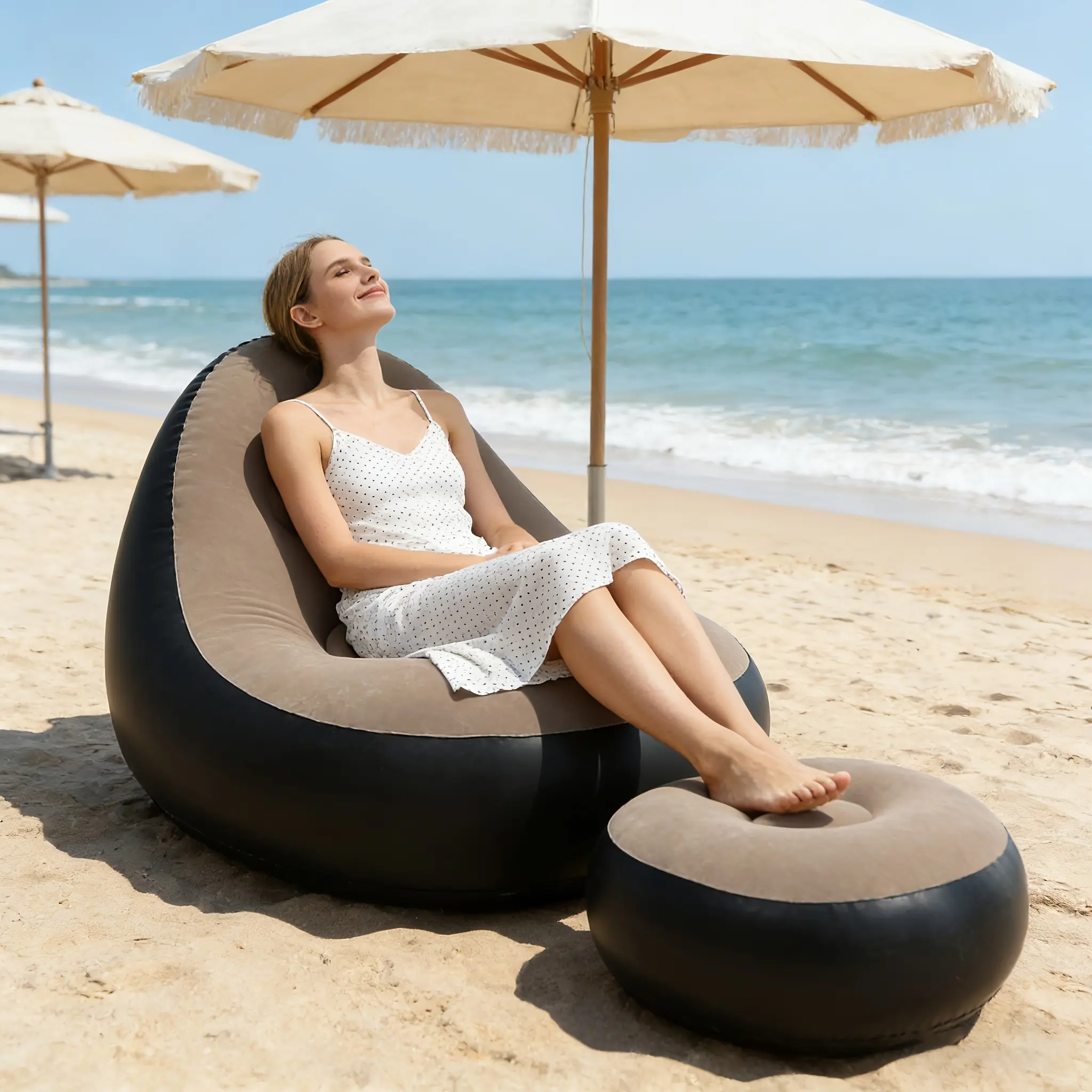 2 Pcs Adult Inflatable Outdoor Sofa Set, Reclining Chair with Footstool, Heavy Duty Portable Folding Air Cushion Sofa, Plush PVC Fabric, Suitable for Indoor & Outdoor Use, Includes Portable Air Pump