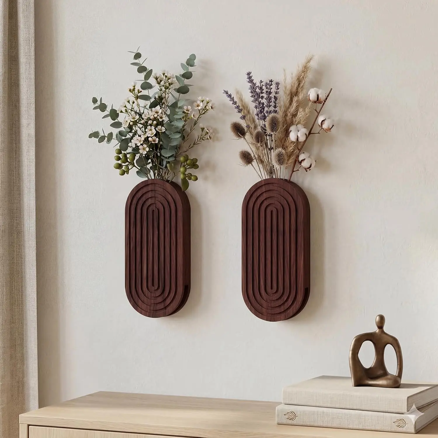 2 Pack Wooden Wall Vase Set, Modern Farmhouse Boho Hanging Planters for Dried Flowers Faux Plants, Wall Decor for Living Room,Bedroom, Bathroom, Entryway, Hallway with Mounting Hardware (Brown)