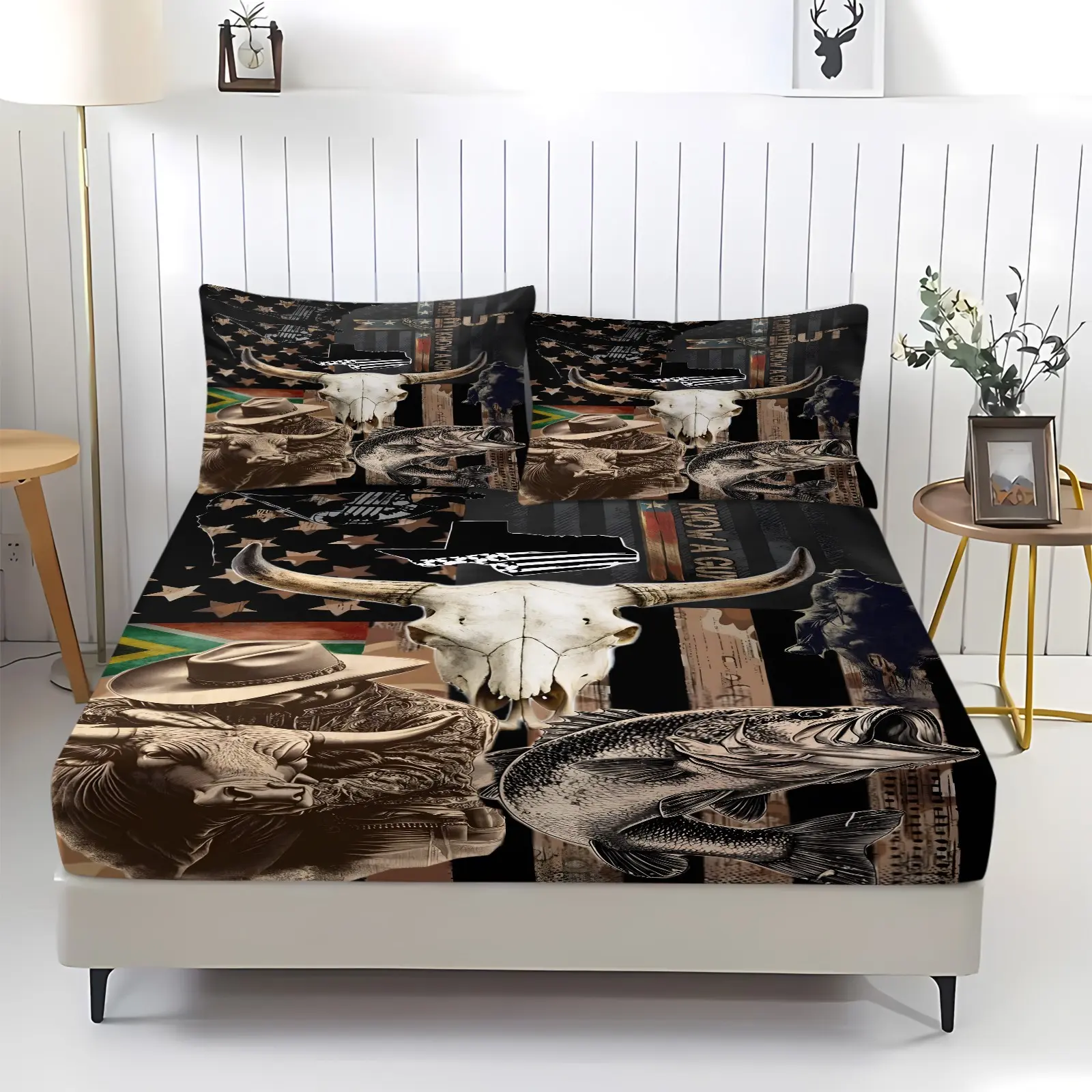 Western-Style Cowboy Bull Skull and Bass Pattern Fitted Sheet Set, 3-Pcs Set, Vintage Hunting and Fishing American Flag Print Printed Bedding Set, Bed Linens, Soft and Comfortable Country-Style Bedroom DéCor Exclusively for Men