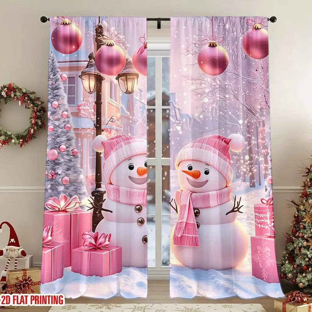 2Pcs festive Christmas snowman and gift pattern curtains, charming winter street scene, digital printing technology, privacy protection, suitable for living rooms, bedrooms, children's, home decoration.