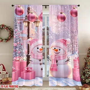 2Pcs festive Christmas snowman and gift pattern curtains, charming winter street scene, digital printing technology, privacy protection, suitable for living rooms, bedrooms, children's, home decoration.