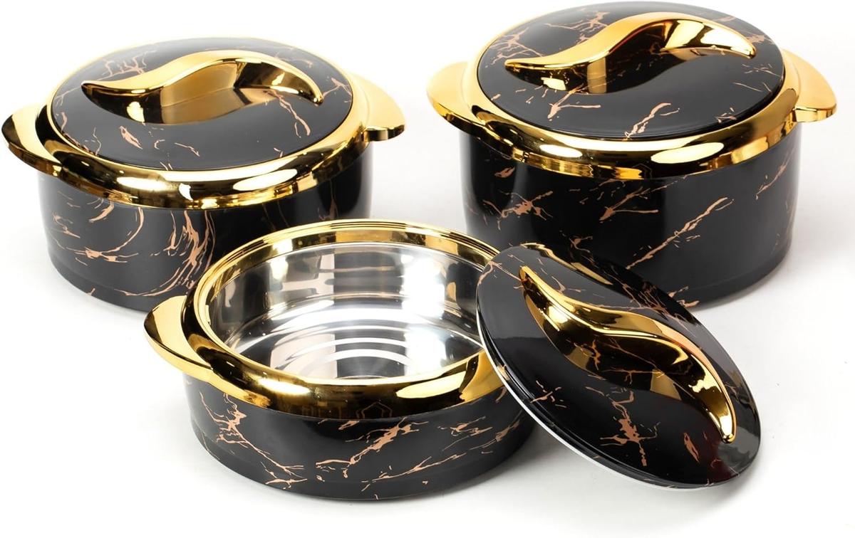 Marble-patterned insulated tableware set, 3-piece modern stainless steel insulated casserole with lid, suitable for buffet use, heat-resistant baking dish for parties and everyday use, party event supplies