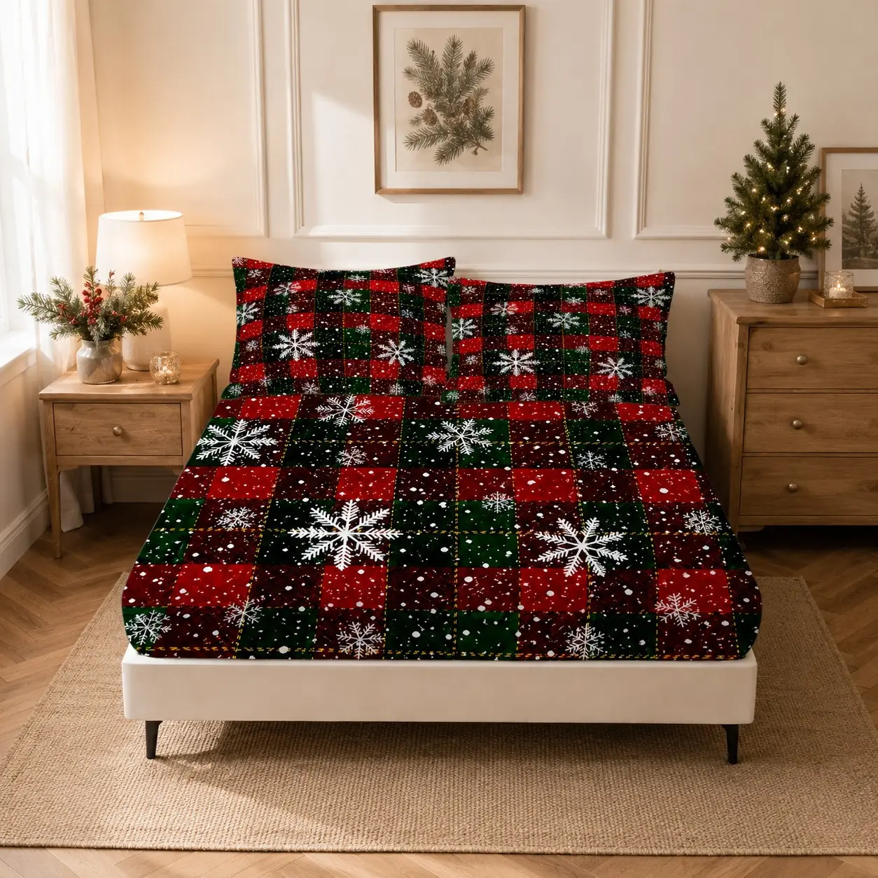 3-Piece Christmas Plaid Themed Print Fitted Sheet Set (1 Fitted Sheet and 2 Pillowcases), Pillow Inserts Not Included, Soft Breathable Microfiber, Bedroom Decor for Teens and Adults, Perfect Christmas Gifts for Family and Friends