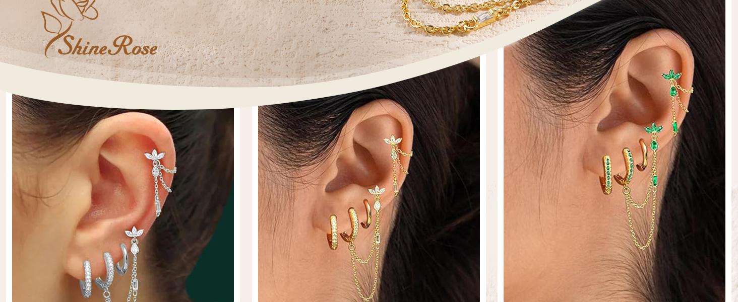 BASIC SUPPLY 6PCS Earring Stacks Cartilage Chain Helix Piercing Sets For Women Flat Back Multiple Piercing Dangle Huggie Hoop Stackable Jewelry