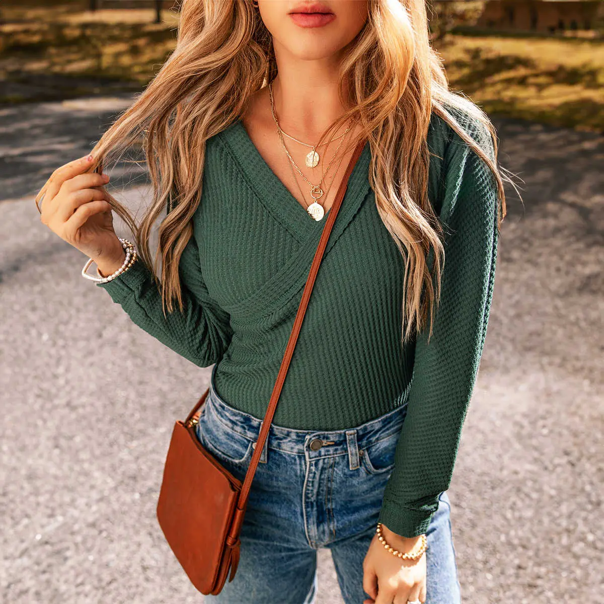 Chic V Neck Bodysuit for Women, Long Sleeve Waffle Knit Slim Fit Wrap Style, Everyday Casual Fashion, Fabric, Knitwear, Feminine