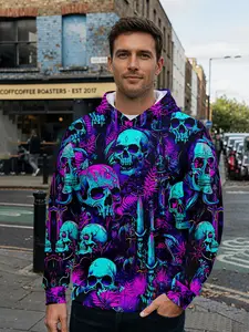 Men's 3D digital print hoodie with all-over print of neon purple-blue jungle skeletons and daggers. The all-over pattern stands out strikingly for daily street looks and music festival outfits, making it an ideal holiday gift for men