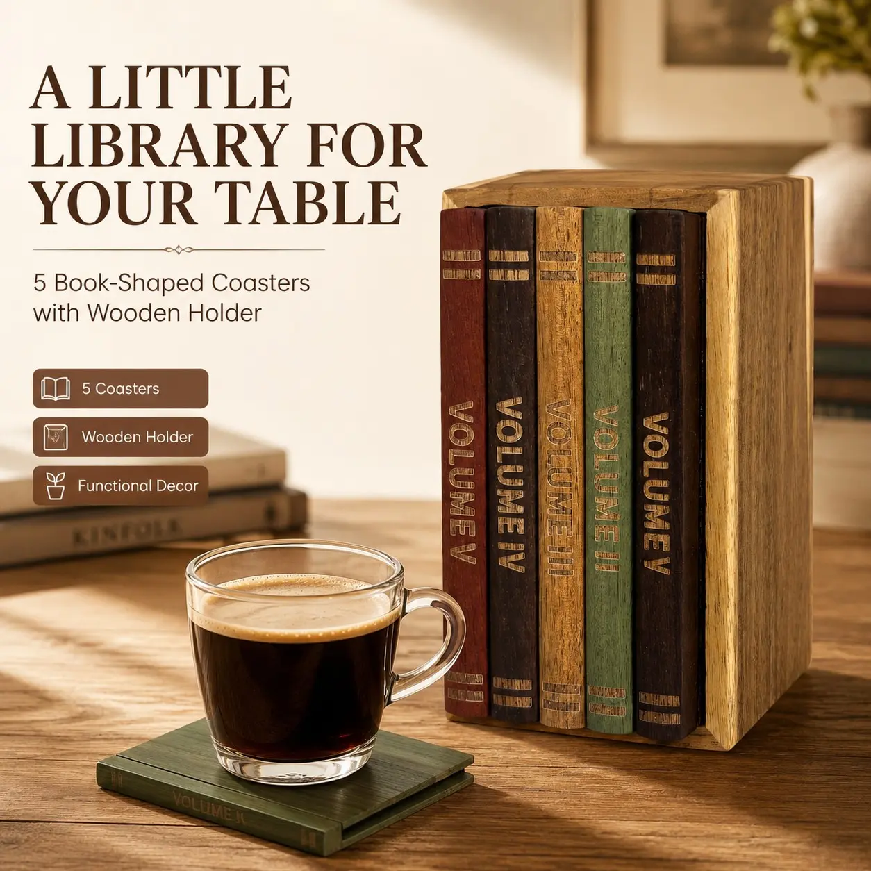 5 Piece Vintage Teak Cup Coaster Set with Stand, Book Shape Wooden Coasters, Cute Aesthetic Coffee Table Decor, Home Accessories, Gift Ideas
