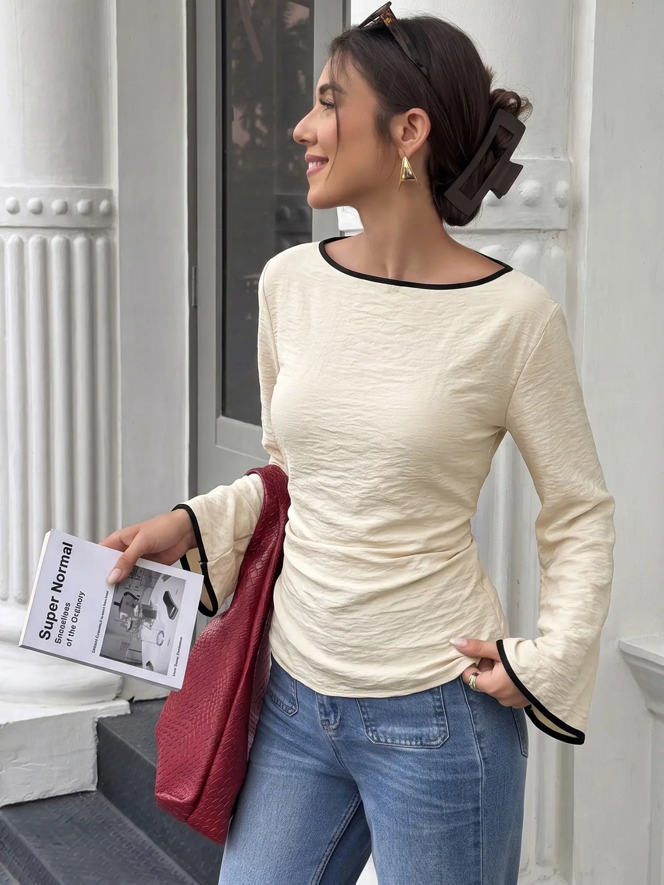 New Fall Winter Innerwear Back Tie Boat Neck Waist Cinch Shirt, Stylish Layering Piece for Cool Weather, Comfortable Fit Design