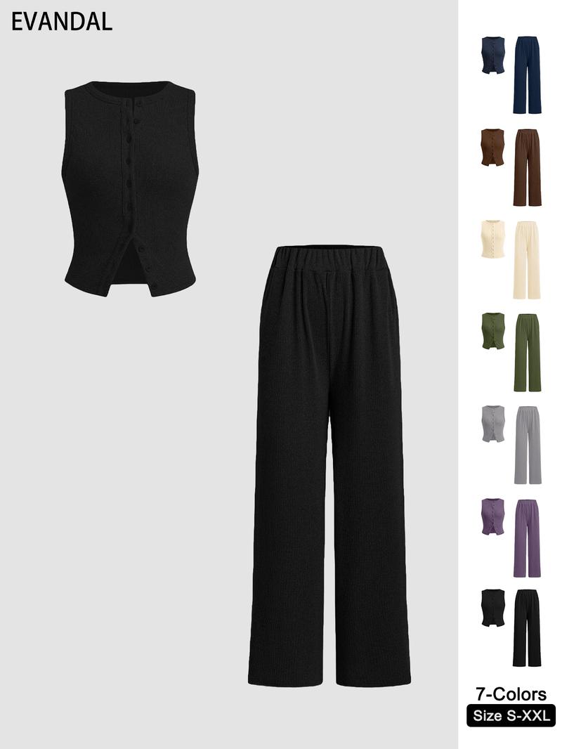 Women's Solid Ribbed Button Tank Top & Straight Leg Pants Two-piece Set, Casual Sleeveless Top & Trousers for Daily Wear, Ladies Two-piece Outfits for All Seasons, Clothes,Airport Outfit