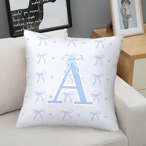 Initial A-Z Blue Bow Tiny Heart Throw Pillow, Cute Princess Style Cushion Accent Pillow Includes Pillow Core, Soft Breathable Fabric, For Sofa Couch Bedroom Dorm Decor, Sweet Gift for Little Girls Women
